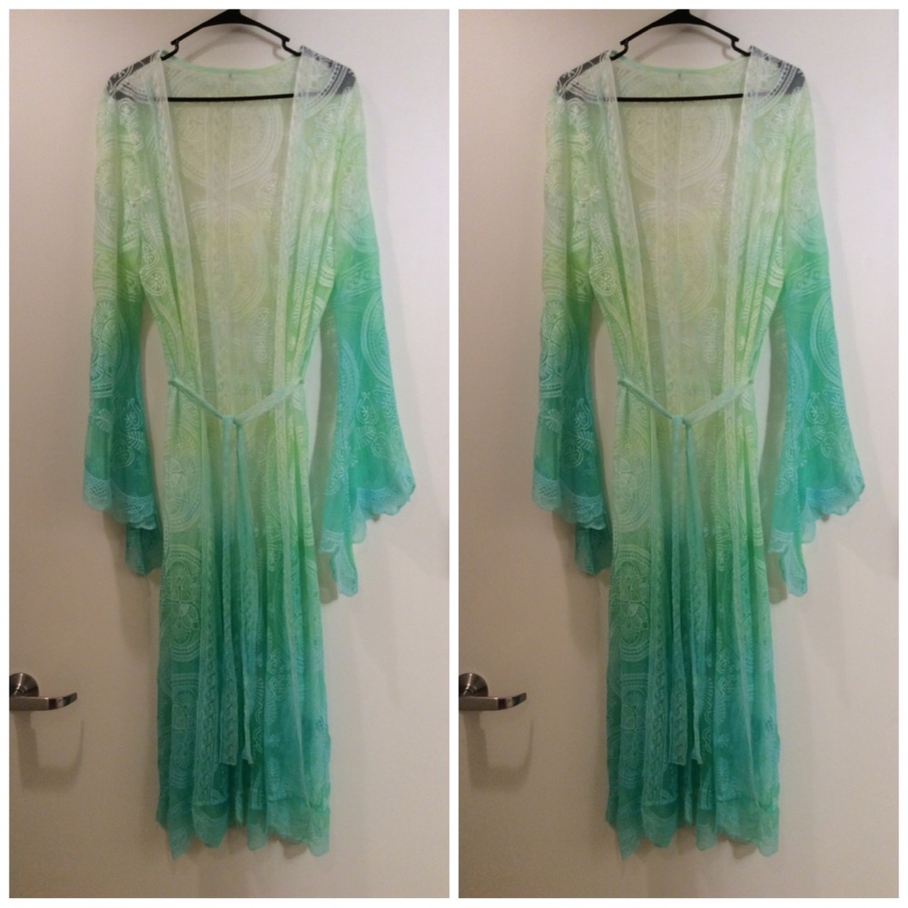 🌸 KIMONO ROBE CARDIGAN BELL SLEEVE OMBRE GREEN GYPSY BOHO CHIC BOHEMIAN FLARE - Picture 8 of 8